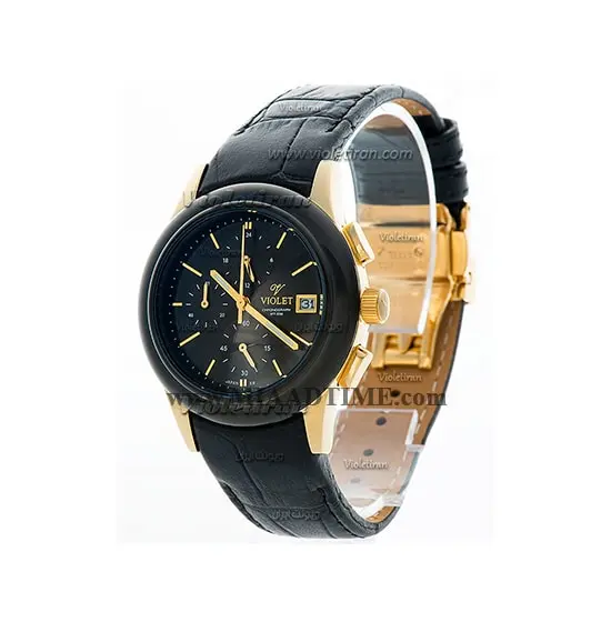 ساعت ویولت Violet زنانه کرنوگراف گرد چرمی طلایی مشکی صفحه مشکی کد 0402/2L ساعت مچی زنانه ویولت بند چرم