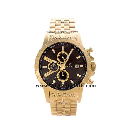ساعت ویولت Violet مردانه کرنوگراف گرد فلزی طلایی صفحه قهوه ای کد 0404/2G ساعت ویولت مردانه