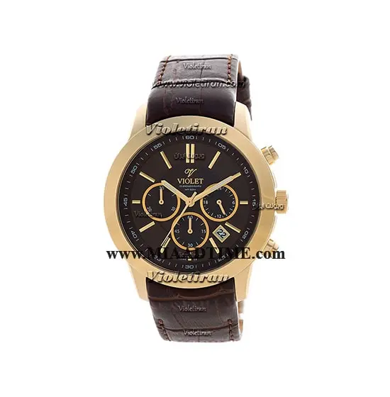 ساعت ویولت Violet مردانه کرنوگراف گرد چرمی طلایی صفحه قهوه ای کد 0408/2G ساعت ویولت مردانه اسپرت اصل