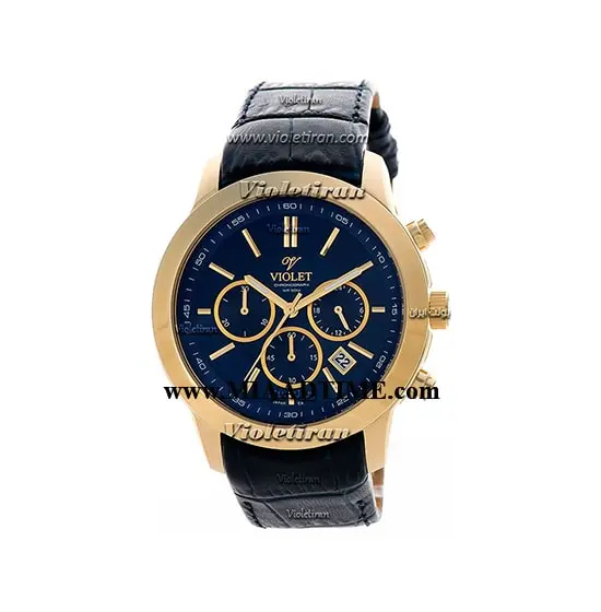 ساعت ویولت Violet مردانه کرنوگراف،گرد چرمی طلایی صفحه سرمه ای کد 0408/2L ساعت ویولت مردانه اسپرت اصل
