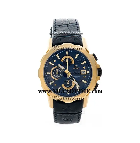 ساعت مچی ویولت زنانه کرنوگراف گرد چرمی طلایی صفحه سرمه ای مدل 0414/2L ساعت مچی زنانه اسپرت مارک