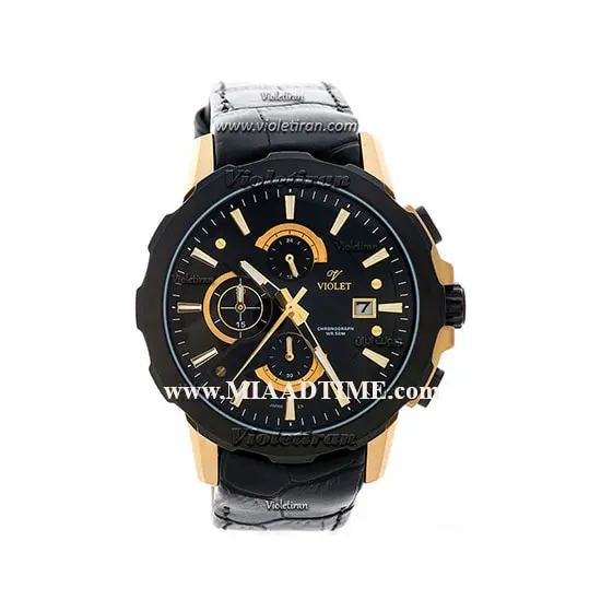 ساعت مچی ویولت مردانه کرنوگراف گرد چرمی طلایی مشکی صفحه مشکی مدل 0414/2G ساعت مچی صفحه گرد مردانه