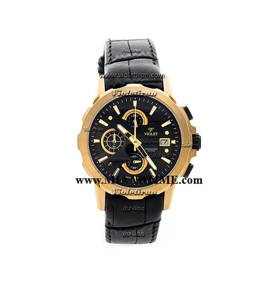 ساعت مچی ویولت زنانه کرنوگراف گرد چرمی طلایی صفحه مشکی مدل 0414/2L قیمت ساعت زنانه مارک ویولت