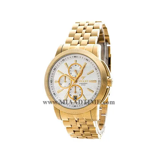 ساعت ویولت Violet مردانه کرنوگراف گرد فلزی طلایی صفحه سفید مدل 0409/2G خرید ساعت مچی استیل مردانه