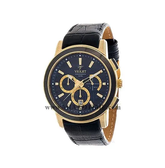 ساعت مچی ویولت، مردانه کرنوگراف، گرد چرمی، طلایی مشکی، صفحه سرمه ای مدل 0412/2G ساعت ویولت اصل مردانه