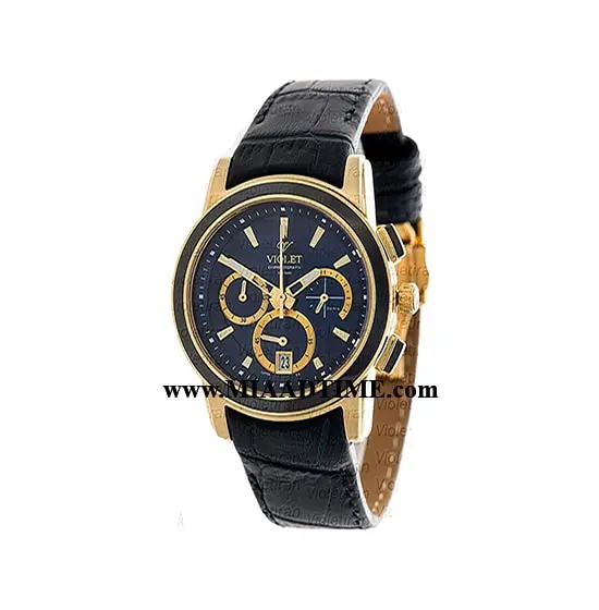 ساعت مچی ویولت، زنانه کرنوگراف، گرد چرمی، طلایی مشکی، صفحه سرمه ای مدل 0412/2L ساعت مچی