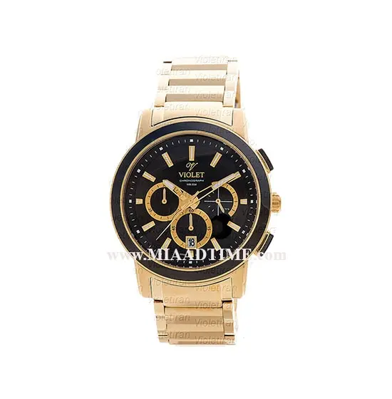 ساعت مچی ویولت مردانه کرنوگراف گرد فلزی طلایی مشکی صفحه مشکی مدل 0412/2G ساعت مچی استیل مارک