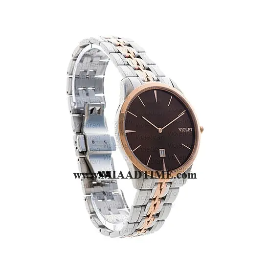 ساعت مچی ویولت مردانه کلاسیک گرد فلزی دورنگ رزگلد صفحه قهوه ای کد 0459/2G خرید اینترنتی ساعت مچی مردانه بند استیل