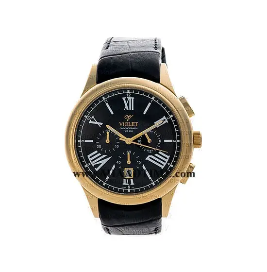 ساعت ویولت Violet مردانه اسپرت گرد چرمی طلایی صفحه مشکی کد 0401/2G ساعت ویولت مردانه