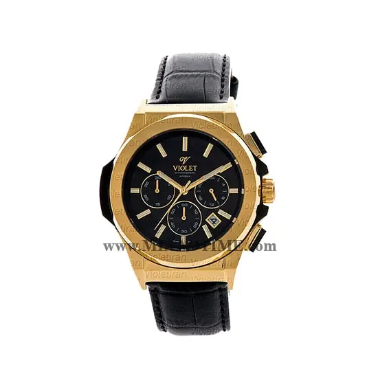 ساعت مچی ویولت مردانه کرنوگراف گرد بند چرم طلایی صفحه مشکی مدل 0452/2G ساعت مچي ويولت مردانه
