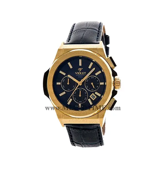 ساعت مچی ویولت مردانه کرنوگراف گرد بند چرم طلایی صفحه سرمه ای مدل 0452/2G ساعت مچي ويولت مردانه
