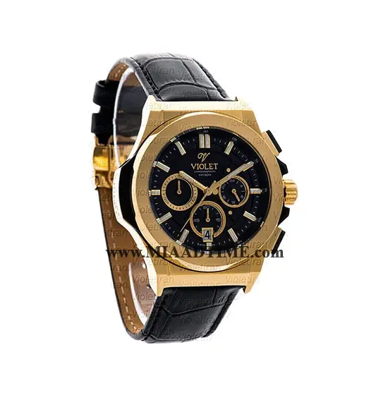 ساعت مچی ویولت مردانه کرنوگراف گرد بند چرم طلایی صفحه مشکی مدل 0451/2G ساعت مچي ويولت مردانه