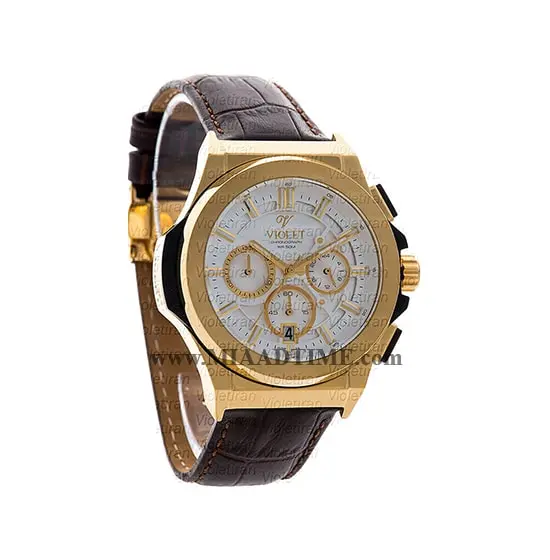 ساعت مچی ویولت مردانه کرنوگراف گرد بند چرم طلایی صفحه سفید مدل 0451/2G ساعت مچي ويولت مردانه