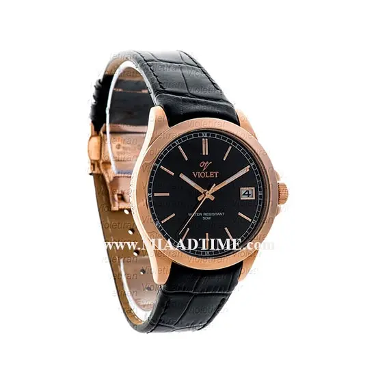 ساعت ویولت مردانه کلاسیک گرد چرمی رزگلد صفحه مشکی مدل 0462/2G ساعت مچی مردانه بند چرمی کلاسیک