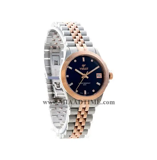 ساعت مچی ویولت زنانه کلاسیک گرد فلزی دو رنگ رزگلد صفحه سرمه ای مدل 0463/2G خرید اینترنتی ساعت مچی زنانه استیل