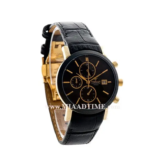 ساعت مچی ویولت زنانه کرنوگراف بند چرم طلایی مشکی صفحه مشکی مدل 0465/2L ساعت مچی مارک دار زنانه