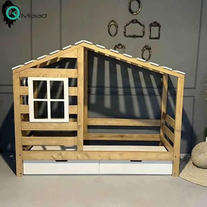 تخت خواب کودک و نوجوان، تخت خوابی با ترکیب چوب و روکش طبیعی چوب، طراحی این تخت به شکل کلبه، دارای دو کشو، طرح زیبا و دلنشین این تخت تخت خواب