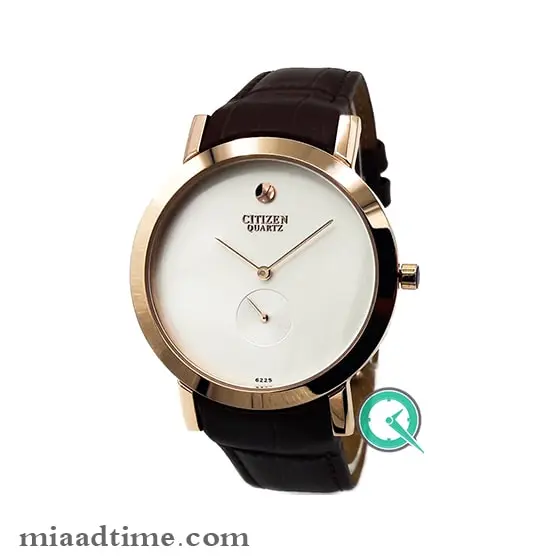 ساعت مچی سیتیزن مردانه زیرثانیه، گرد بند چرم، رزگلد صفحه سفید | کد 6225G ساعت