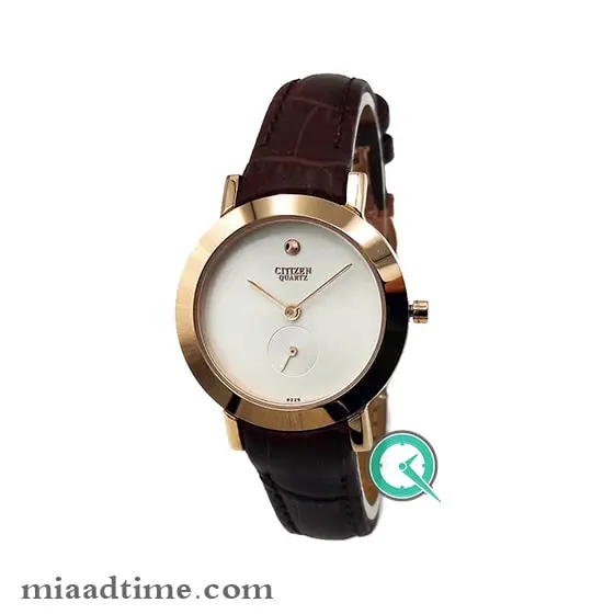 ساعت مچی سیتیزن زنانه زیرثانیه، گرد بند چرم، رزگلد صفحه سفید | کد 6225L ساعت