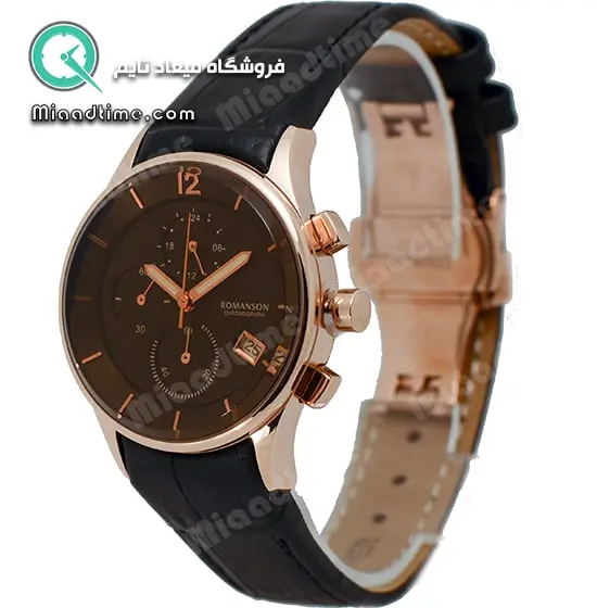 ساعت مچی رومانسون زنانه کرنوگراف گرد چرمی رزگلد صفحه مشکی شیشه رنگی کد 5054 ساعت مچی زنانه مارک دار