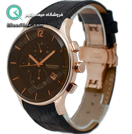 ساعت مچی رومانسون مردانه کرنوگراف گرد چرمی رزگلد صفحه مشکی شیشه رنگی کد 5054 ساعت مچی