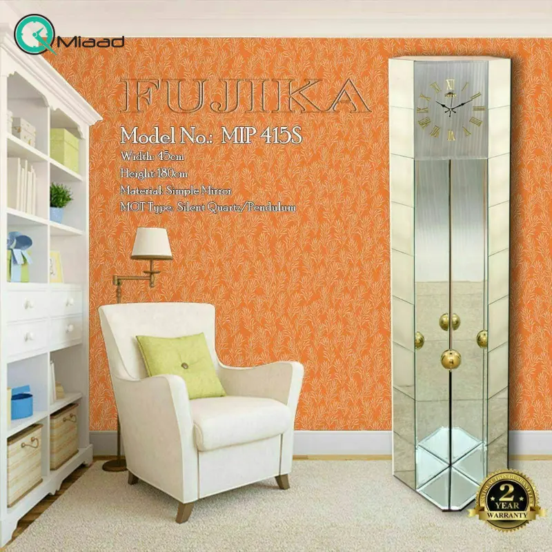ساعت ایستاده فوجیکا مدل 415، ساعت سالنی آینه ای برند فوجیکا، طراحی خلاقانه، موتور آرامگرد تایوانی، رنگ سفید نقره ای ساعت ایستاده