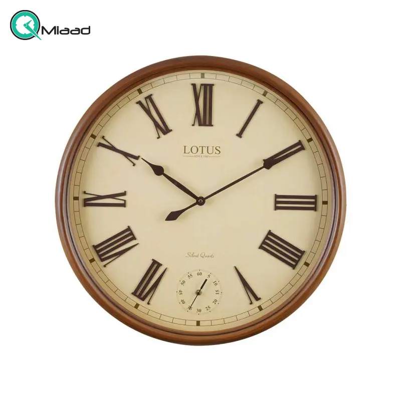 ساعت دیواری چوبی لوتوس مدل 152، ساعت دیواری سایز 60 با اعداد برجسته و ترکیب رنگی جذاب به سبک قدیمی، موتور مجزا برای ثانیهشمار، عقربههای فلزی گردویی ساعت دیواری