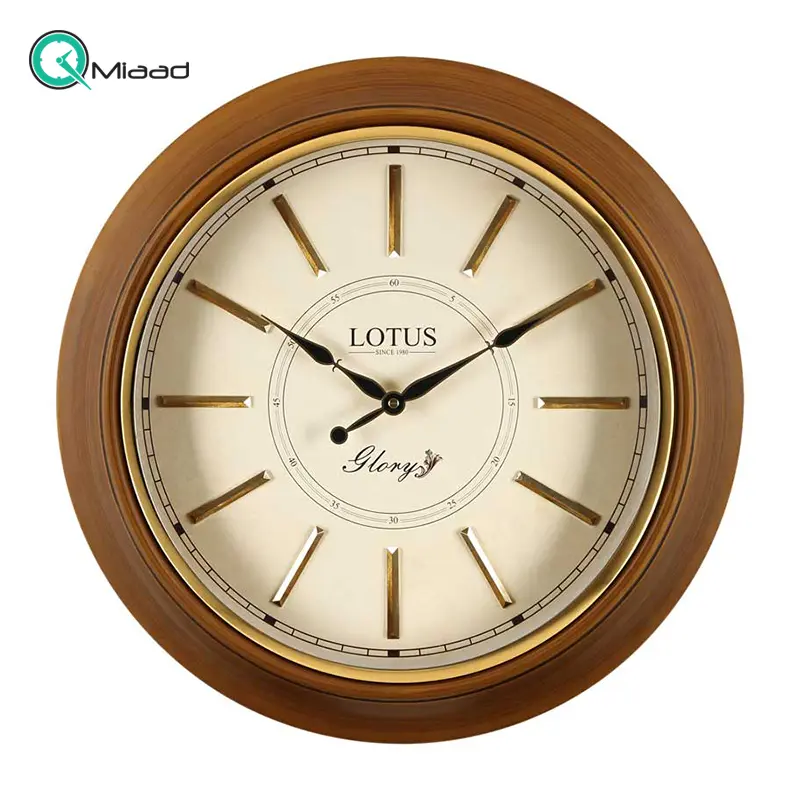 ساعت دیواری چوبی لوتوس مدل MOERS کد W-8031، ساعت دیواری با اعداد فلزی برجسته، سایز 50 سانت ساعت دیواری