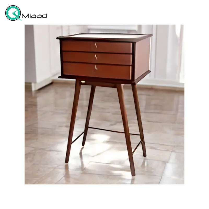 میز جا قاشقی چوبی مدل خراطی کد m137، میز جدید پایه دار بسیار شیک و چوبی، دارای سه کشو برای نگه داری وسایل کوچک، فضایی برای نگه درای وسایل تزیینی در قسمت بالای میز خرید میز تلفن گرام