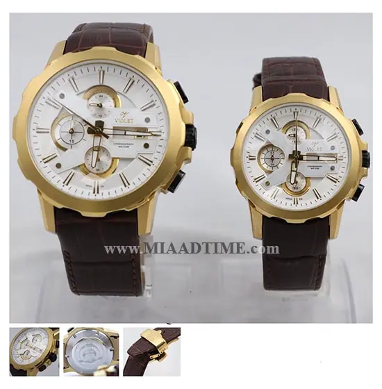 ساعت مچی ست ویولت گرد چرمی طلایی صفحه سفید کد 11005 ساعت مچی ویولت