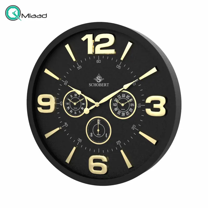 ساعت دیواری فلزی شوبرت، ساعت دیواری چهار موتوره سایز 50 با اعداد و عقربه های طلایی رنگ مشکی مدل 5311 ساعت دیواری