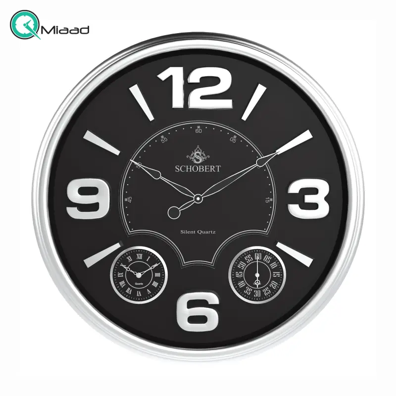 ساعت دیواری فلزی شوبرت مدل 5320 QN، ساعت دیواری سایز 50، سیلور صفحه مشکی ساعت دیواری مدرن و شیک
