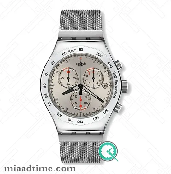 ساعت سواچ Swatch | مردانه، صفحه به رنگ بژ، تمام استیل بند حصیری | کد YVS405G ساعت