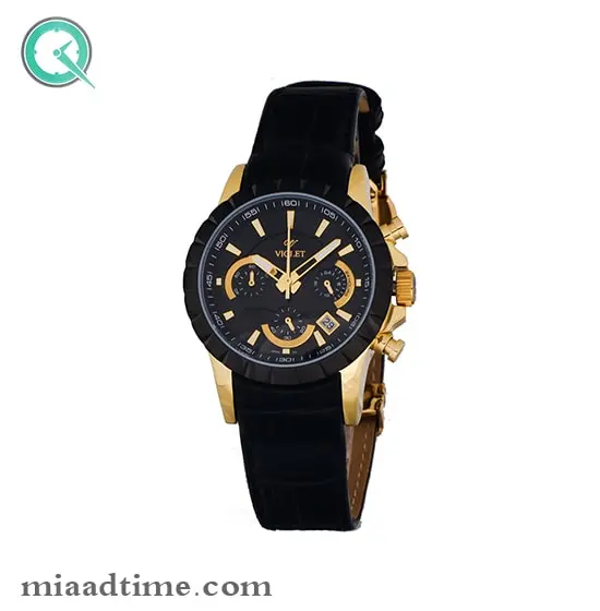 ساعت ویولت Violet زنانه کرنوگراف گرد چرمی طلایی مشکی صفحه مشکی کد 0403/2L ساعت مچی زنانه مارک دار