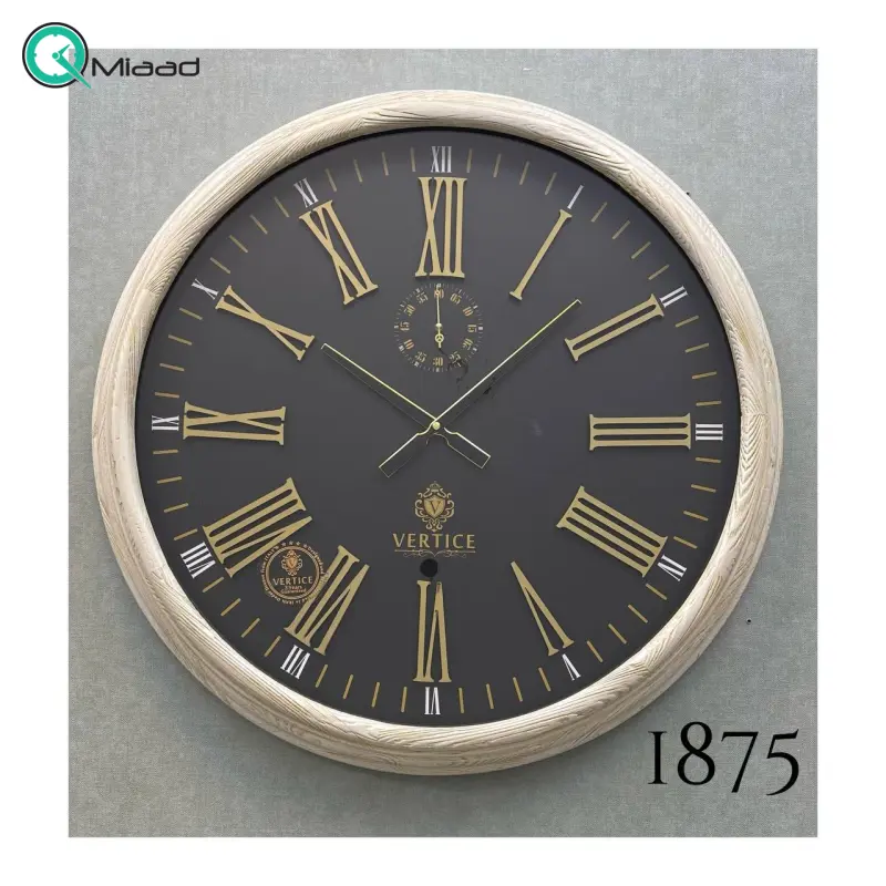 ساعت دیواری چوبی ورتیچ مدل 1875، ساعت دیواری دو موتوره با چوب طبیعی سایز 70 با موتور آرامگرد تایوانی، اعداد یونانی برجسته ساعت دیواری