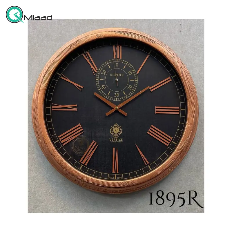 ساعت دیواری چوبی ورتیچ مدل 1895، ساعت دیواری با چوب طبیعی سایز 60 با موتور آرامگرد تایوانی، دارای موتور ثانیه شمار مستقل، اعداد یونانی برجسته، رنگ قهوه ای ساعت دیواری