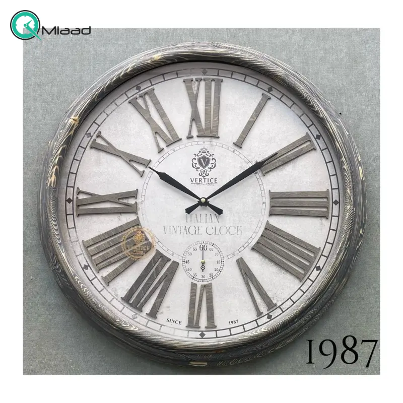 ساعت دیواری چوبی ورتیچ مدل 1987، ساعت دیواری با چوب طبیعی سایز 60 با موتور آرامگرد تایوانی، اعداد یونانی برجسته ساعت دیواری