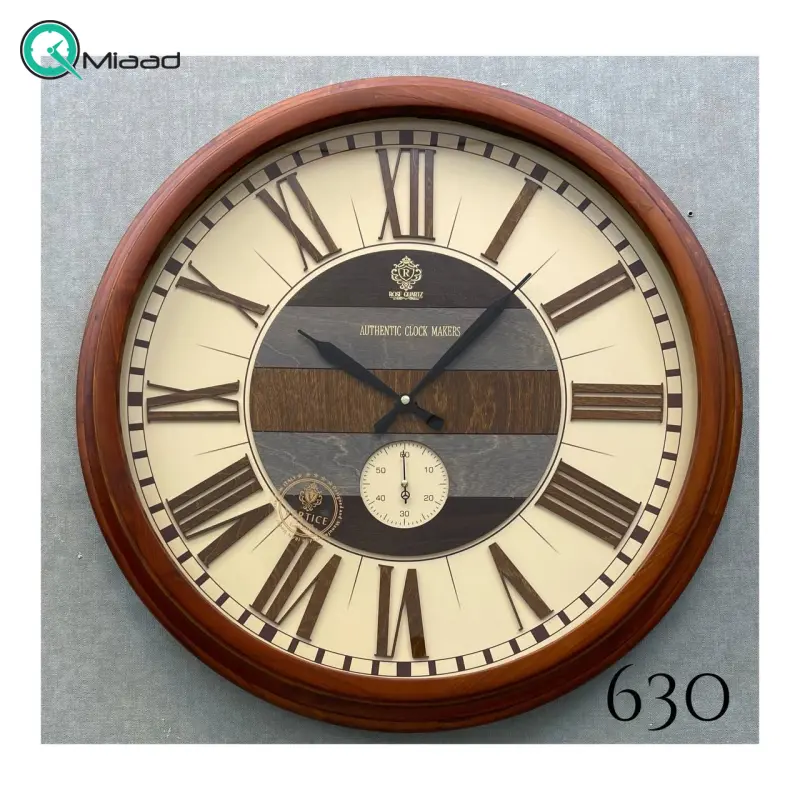 ساعت دیواری چوبی ورتیچ مدل 630، ساعت دیواری دو موتوره با چوب طبیعی سایز 60 با موتور آرامگرد تایوانی، اعداد یونانی برجسته ساعت دیواری