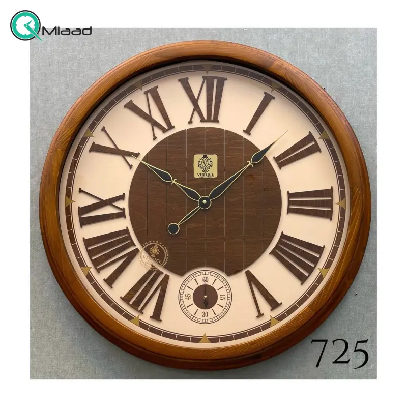 ساعت دیواری چوبی ورتیچ مدل 725، ساعت دیواری دو موتوره با چوب طبیعی سایز 60 با موتور آرامگرد تایوانی، اعداد یونانی برجسته ساعت دیواری