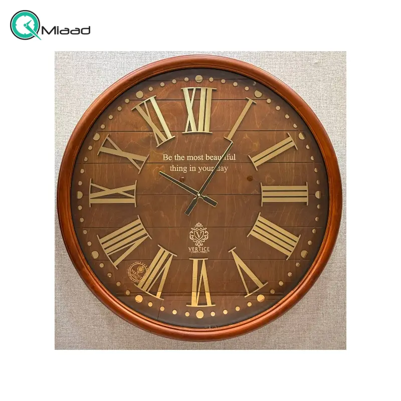 ساعت دیواری چوبی ورتیچ مدل 9091، ساعت دیواری کلاسیک با چوب طبیعی سایز 90 با موتور آرامگرد تایوانی، اعداد یونانی برجسته ساعت دیواری