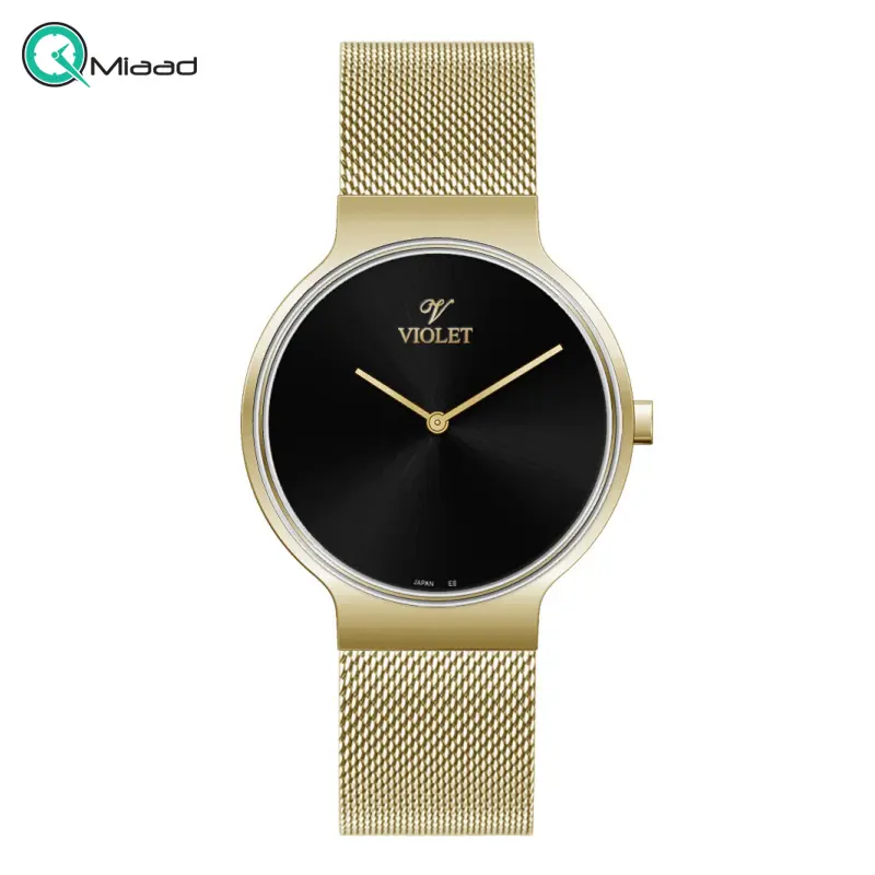 ساعت ویولت مردانه Violet کد 0568/2 | ساعت مردانه اورجینال ساخت ژاپن، ساعت مردانه عقربه ای تک موتوره، بند فلزی حصیری، طلایی صفحه مشکی ساعت ویولت