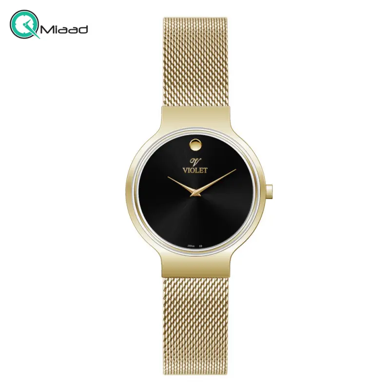 ساعت ویولت زنانه Violet کد 0568/2 | ساعت زنانه اورجینال ساخت ژاپن، ساعت زنانه عقربه ای تک موتوره، بند فلزی حصیری، طلایی صفحه مشکی ساعت ویولت