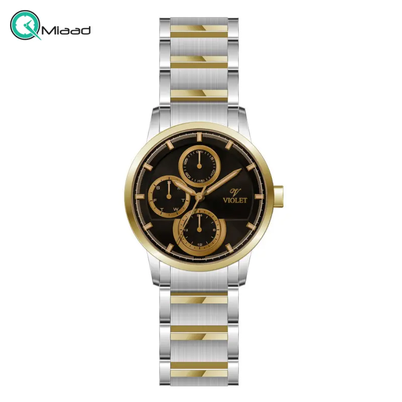 ساعت ویولت زنانه Violet کد 0585 | ساعت زنانه اورجینال ساخت ژاپن، سه موتوره و کرنوگراف، ساعت زنانه گرد فلزی, دورنگ طلایی صفحه مشکی- شیشه رنگی ساعت ویولت