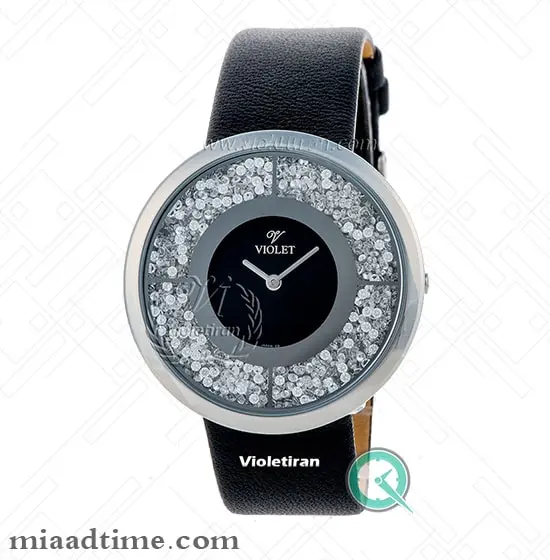 ساعت مچی ویولت Violet | زنانه چرمی نگین شنی، استیل صفحه مشکی | کد 0306L ساعت