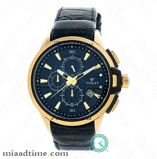 ساعت ویولت Violet مردانه | کرنوگراف, گرد چرمی, طلایی صفحه سرمهای | کد 0307/2G ساعت