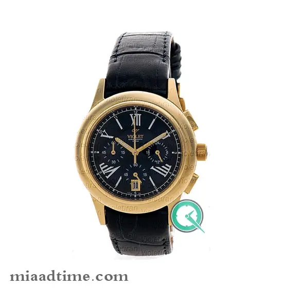 ساعت مچی ویولت، زنانه کرنوگراف، گرد چرمی، طلایی صفحه سرمه ای | کد 0401/2L ساعت
