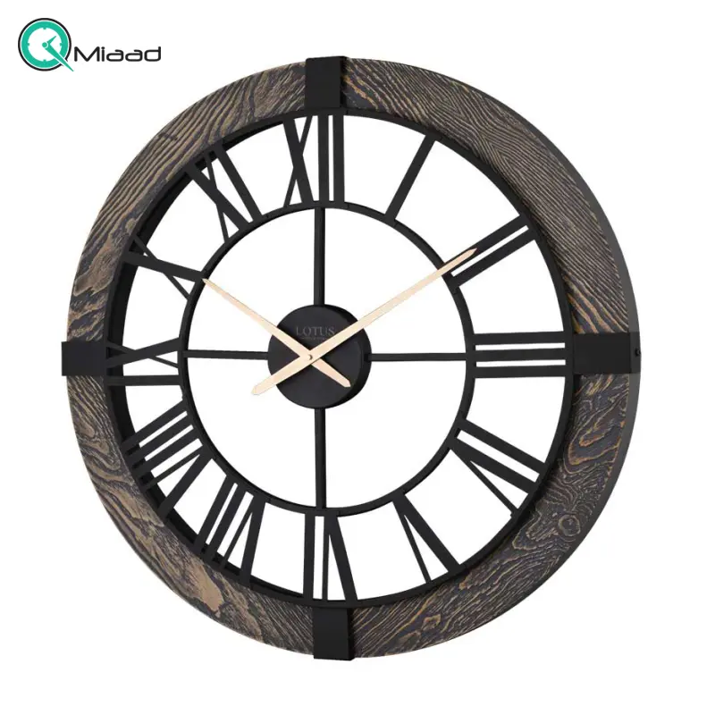 ساعت دیواری لوتوس، ساعت دیواری روستیک ترکیب فلز و چوب طبیعی، ساعت دیواری سایز 80 | مدل 19024 رنگ خاکستری ساعت دیواری