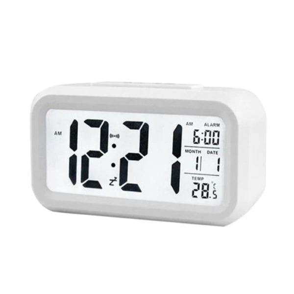 ساعت رومیزی دیجیتال، تغذیه با باتری، شب‌نما چراغ‌دار، زنگ بیدار باش، بک لایت حساس به صدا و ضربه | مدل 2108 سفید