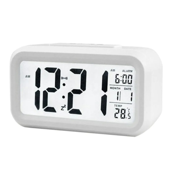 ساعت رومیزی دیجیتال، ساعت رومیزی و دماسنج دیجیتالی دکوری، تغذیه با باتری، زنگ بیدار باش، بک لایت حساس به صدا و ضربه | مدل 9901 سفید