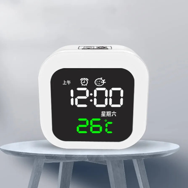 ساعت رومیزی دیجیتال، ساعت رومیزی و دماسنج دیجیتالی چهارگوش شارژی، زنگ بیدار باش کم و زیاد، بک لایت حساس به صدا و ضربه | مدل 9902